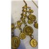 Image 5 : BAG OF MISC. GOLD TONE JEWLERY - 2 NECKLACES, KEYCHAIN, 2 PINS, AND WOOD PENDANT
