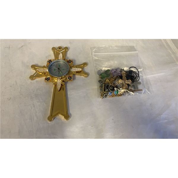 LOT OF CROSSES AND RELIGIOUS JEWLERY, PLUS ONE LARGE CROSS COMPASS