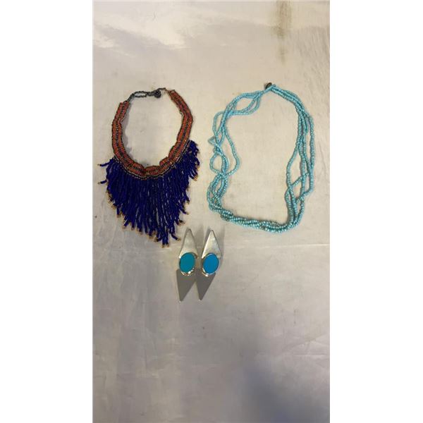 2 BLUE BEAD NECKLACES AND LARGE PAIR TURQUOISE EARRINGS