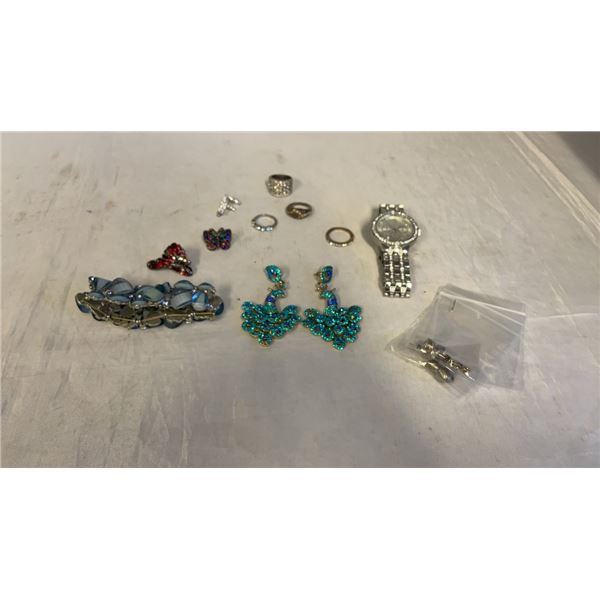 LOT OF RHINESTONE JEWLERY, AND THREE STERLING SILVER EARRING SETS