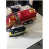 Image 4 : NYLINT FIRE TRUCK, FISHER PRICE PCOKET CAMERA TOY AND TRAY OF HO SCALE TRAIN CARS AND RAIL