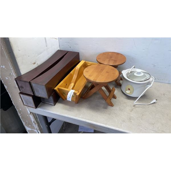 4 WOOD VASES, 2 WOOD KIDS STOOL, WOOD CARRYING TRAY, MINI CROCK POT