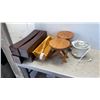 Image 1 : 4 WOOD VASES, 2 WOOD KIDS STOOL, WOOD CARRYING TRAY, MINI CROCK POT