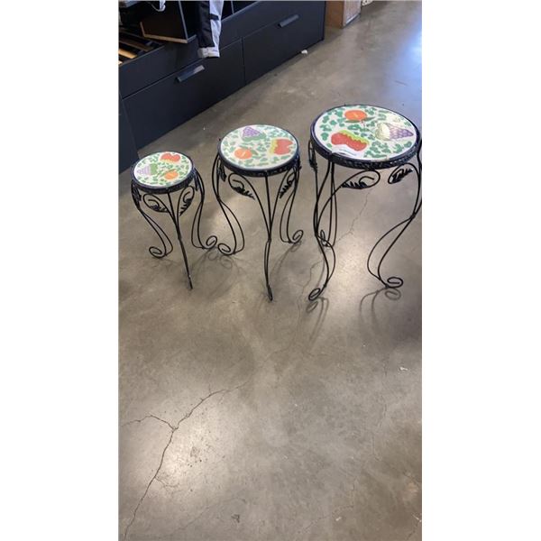 3 METAL PLANTER STANDS WITH TILE TOPS