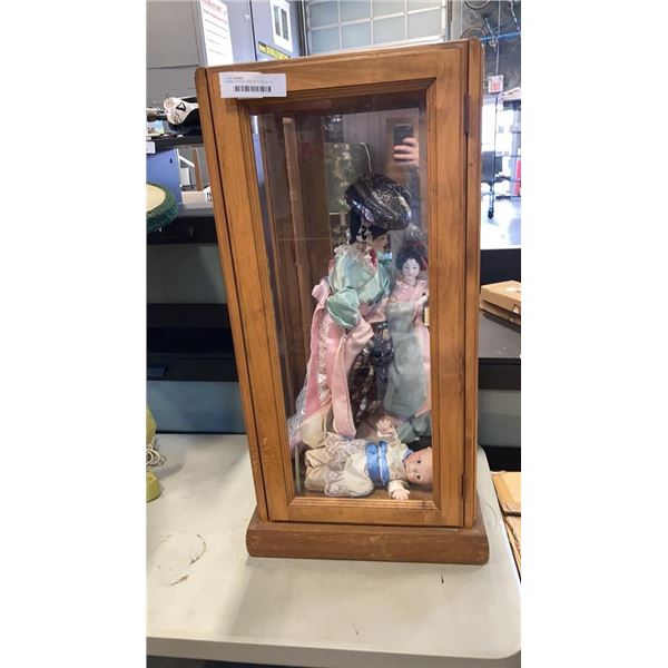 WOOD DISPLAY CASE WITH DOLLS - 33 INCHES TALL