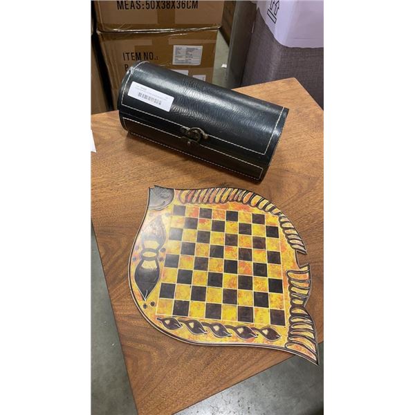 HANDCRAFTED STONE CHESS BOARD AND LEATHER CASE FULL OF SPORTS CARDS