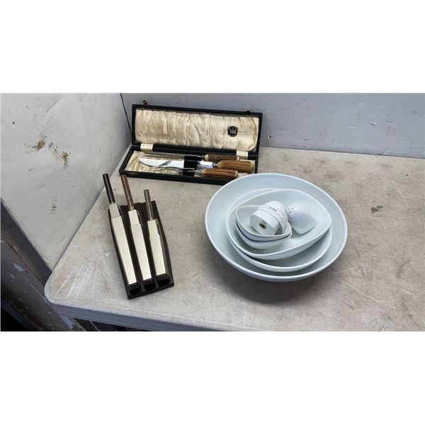 SHEFFIELD BONE HANDLE SERVING CUTLERY WITH WILTSHIRE KNIVES AND PIER ONE SERVING DISHES