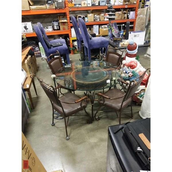 ROUND GLASS TOP TABLE AND 4 METAL CHAIRS