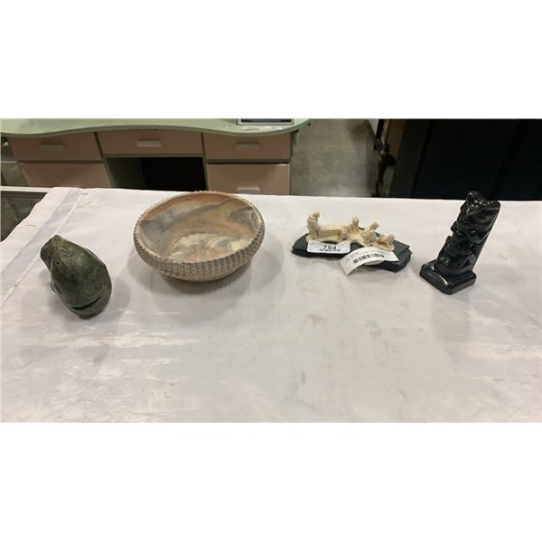 FIRST NATIONS FIGURES AND CARVINGS, SOAPSTONE, COMANCHE POTTERY BOWL