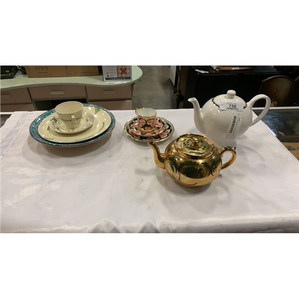 SHELLY AND WILEMAN CUP AND SAUCER SET, METRO NELSON WARE CUP AND SAUCER SET, GIBSON TEAPOT, MANTLES 