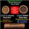 Image 1 : Mixed small cents 1c orig shotgun roll, 1917-d Wheat Cent, 1883 Indian Cent other end, Brinks Wrappe