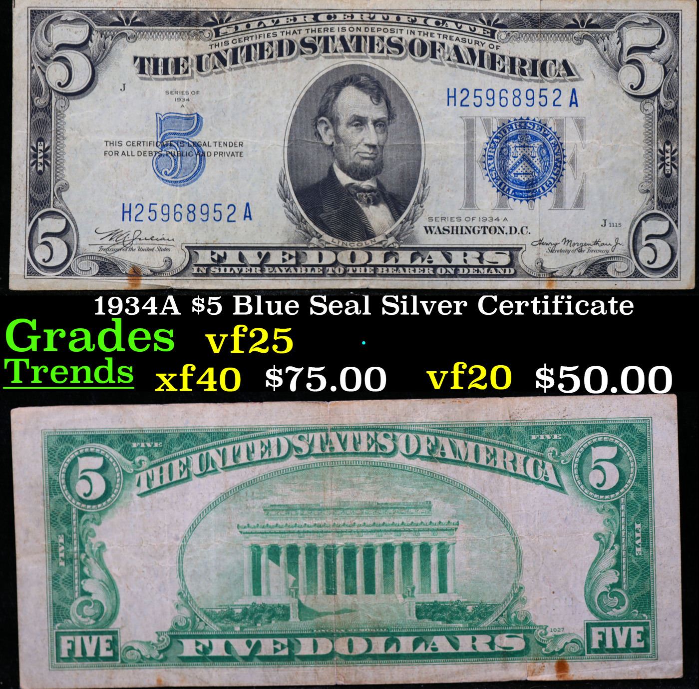 1934A $5 Blue Seal Silver Certificate Grades vf+