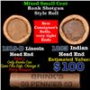 Image 1 : Mixed small cents 1c orig shotgun roll, 1919-d Wheat Cent, 1883 Indian Cent other end, Brinks Wrappe