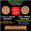 Image 1 : Mixed small cents 1c orig shotgun roll, 1919-d Wheat Cent, 1889 Indian Cent other end, Brinks Wrappe