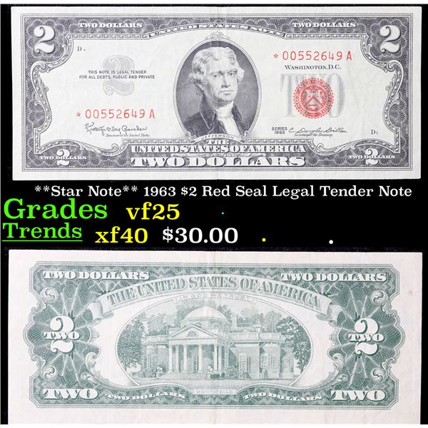 Retirement Star Note **Star Note** 1963 $2 Red Seal Legal Tender Note Grades vf+