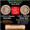 Image 1 : Mixed small cents 1c orig shotgun roll, 1918-d Wheat Cent, 1891 Indian Cent other end, Brinks Wrappe