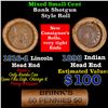 Image 1 : Mixed small cents 1c orig shotgun roll, 1919-d Wheat Cent, 1882 Indian Cent other end, Brinks Wrappe
