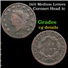 1831 Medium Letters Coronet Head Large Cent 1c Grades vg details