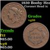 Image 1 : 1839 Booby Head Coronet Head Large Cent 1c Grades vg+