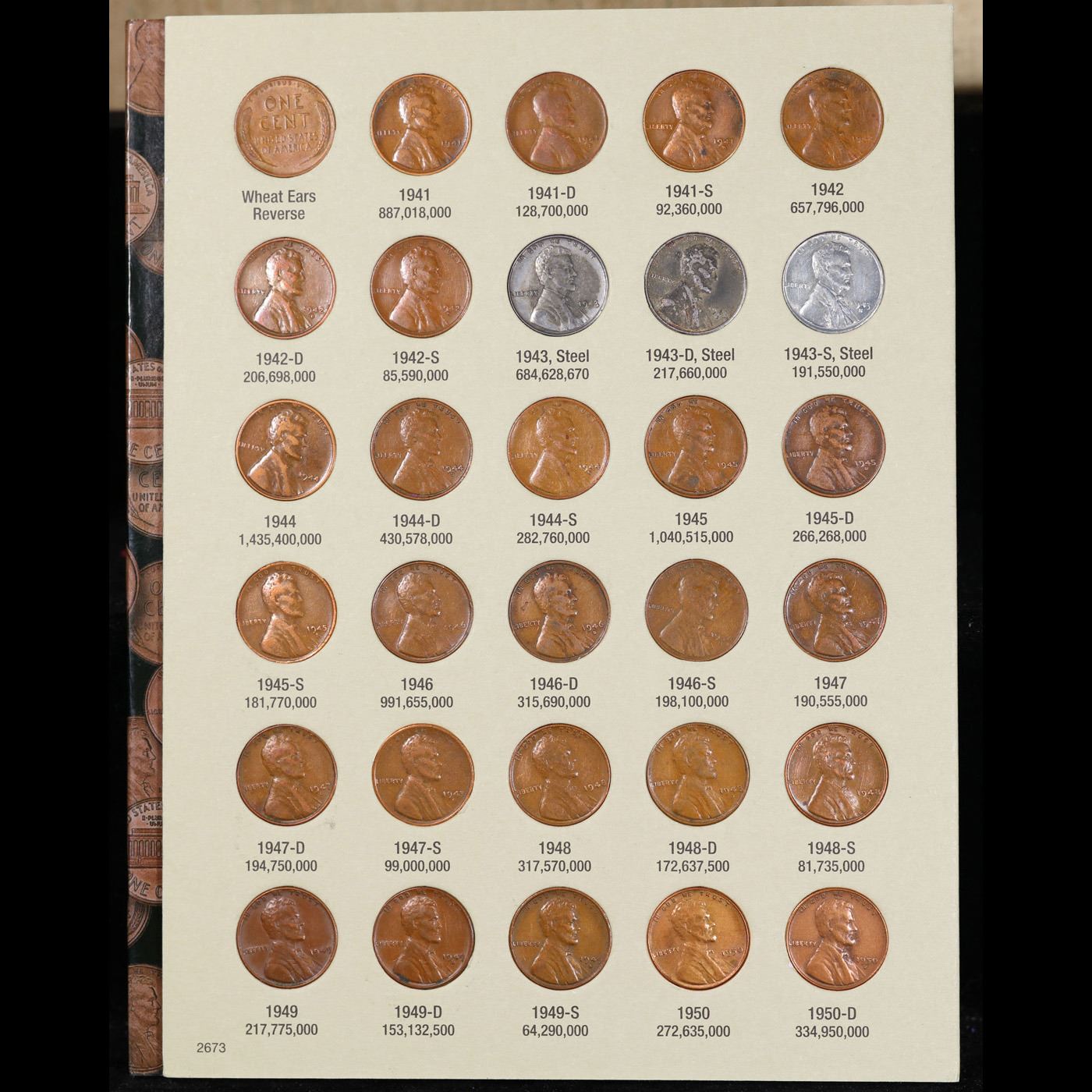 Complete Lincoln 1c H.E. Harris & CO folder, 1941-1975, 90 coins.