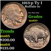 Image 1 : 1913-p Ty I Buffalo Nickel 5c Grades Choice+ Unc
