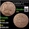 Image 1 : 1773 Virginia 1/2P, No Period Colonial Half Cent 1/2c Graded f15 By SEGS