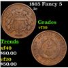 Image 1 : 1865 Fancy 5 Two Cent Piece 2c Grades vf++