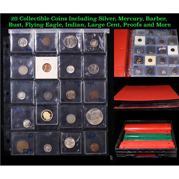 20 Collectible Coins Including Silver, Mercury, Barber, Bust, Flying Eagle, Indian, Large Cent, Proo