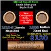 Image 1 : Mixed small cents 1c orig shotgun roll, 1918-s Wheat Cent, 1898 Indian Cent other end, Brinks Wrappe
