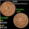 Image 1 : 1838 Coronet Head Large Cent 1c Grades vg+
