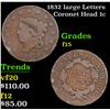 Image 1 : 1832 large Letters Coronet Head Large Cent 1c Grades f+