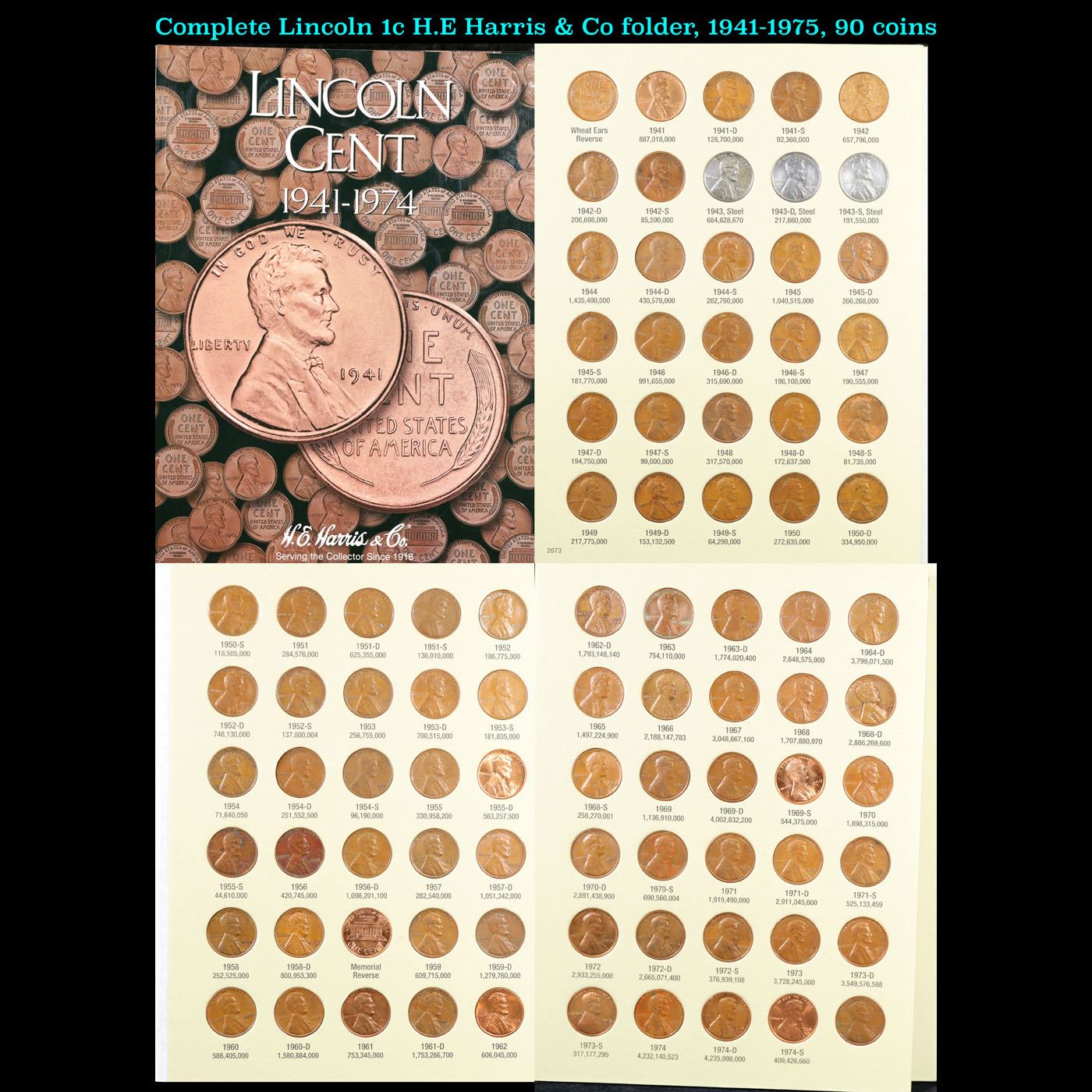 Complete Lincoln 1c H.E Harris & Co folder, 1941-1975, 90 coins.