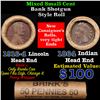 Image 1 : Mixed small cents 1c orig shotgun roll, 1916-d Wheat Cent, 1864 Indian Cent other end, Brinks Wrappe