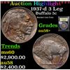 Image 1 : ***Auction Highlight*** 1937-d 3 Leg Buffalo Nickel 5c Graded Choice AU/BU Slider+ By USCG (fc)