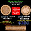 Image 1 : Mixed small cents 1c orig shotgun roll, 1919-s Wheat Cent, 1883 Indian Cent other end, Brinks Wrappe