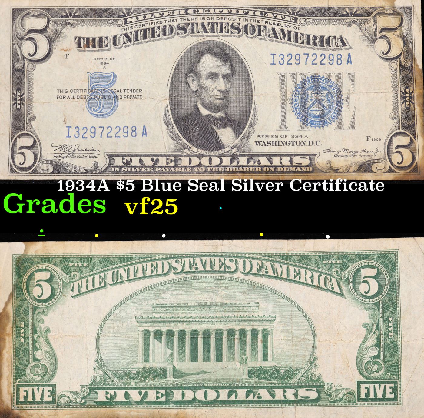 1934A $5 Blue Seal Silver Certificate Grades vf  1934A $5 Blue Seal Silver Certificate Grades vf