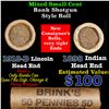Image 1 : Mixed small cents 1c orig shotgun roll, 1918-d Wheat Cent, 1898 Indian Cent other end, Brinks Wrappe