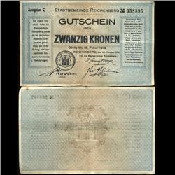 1919 Austria 20 Kronen Reichenberg Note Hi Grade RARE (COI-3943)