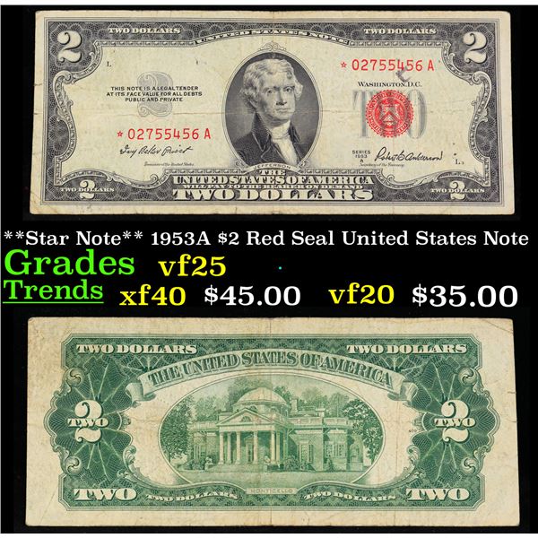 **Star Note** 1953A $2 Red Seal United States Note Grades vf+