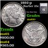 Image 1 : 1892-p Barber Quarter 25c Graded ms64+ By SEGS
