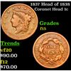 Image 1 : 1837 Head of 1838 Coronet Head Large Cent 1c Grades f+