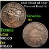 Image 1 : 1837 Head of 1837 Coronet Head Large Cent 1c Grades f+