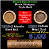Image 1 : Mixed small cents 1c orig shotgun roll, 1918-d Wheat Cent, 1890 Indian Cent other end, Brinks Wrappe