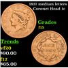 Image 1 : 1837 medium letters Coronet Head Large Cent 1c Grades f+