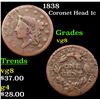 Image 1 : 1838 Coronet Head Large Cent 1c Grades vg, very good