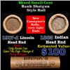 Image 1 : Mixed small cents 1c orig shotgun roll, 1917-d Wheat Cent, 1863 Indian Cent other end, Brinks Wrappe