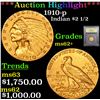 Image 1 : ***Auction Highlight*** 1910-p Gold Indian Quarter Eagle $2 1/2 Graded Select Unc By USCG (fc)