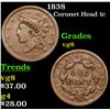 Image 1 : 1838 Coronet Head Large Cent 1c Grades vg, very good