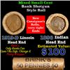 Image 1 : Mixed small cents 1c orig shotgun roll, 1919-d Wheat Cent, 1896 Indian Cent other end, Brinks Wrappe