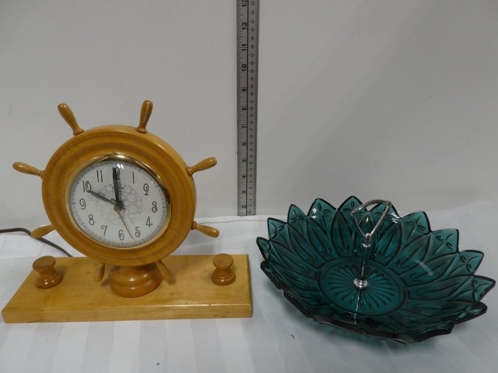 Vintage Electric Mantel Clock and Blue Glass